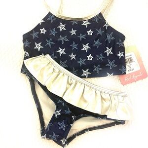 Reel Legends Two-Piece Blue & Silver Bathing Suit with Silver Ruffle, Girl Sz 3T